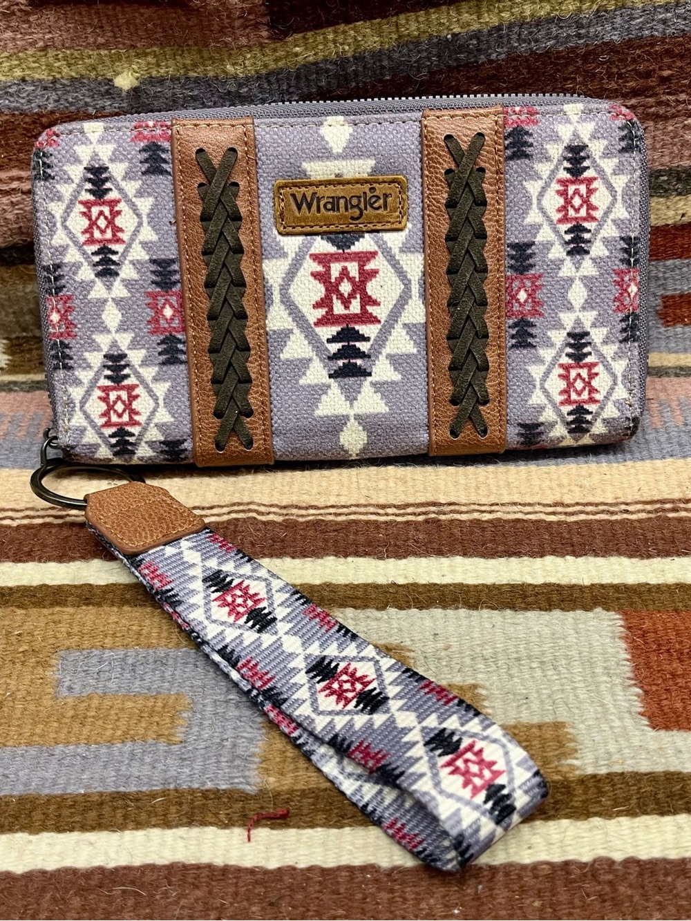 Wrangler Aztec Zip Wristlet Wallet - Gray, Red & Brown
